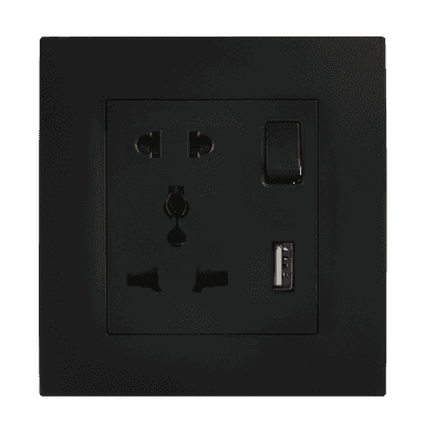 VIRAGO Multy + 2Pin Single 1Pole Switched Socket Outlet with Type-A USB Charger Outlet Black
