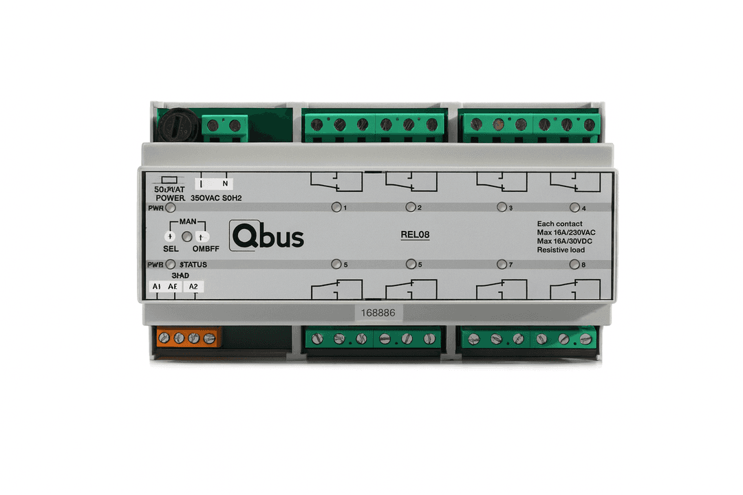 Relay module (8x 16A) with manual control and LED indication