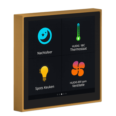 RoomMate Room Controller for 20 outputs with display and temperature sensor, brushed brass frame.